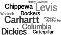 Levi's, Dockers, Columbia, Dickies, Carhartt, Harley-Davidson, Chippewa, Woolrich, Mad Bomber, Caterpillar, and Wolverine